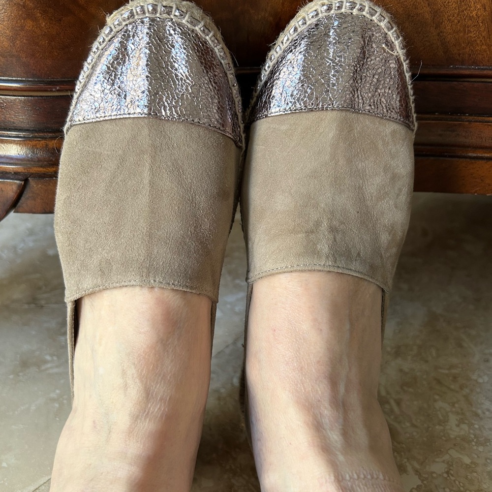Taupe Suede Espadrilles with Metallic Cap Toe